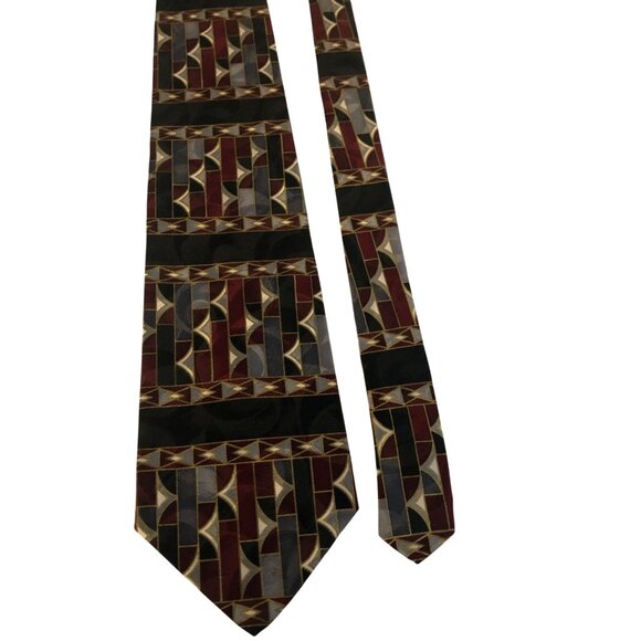 Damon Silk Tie Geometric Burgundy Black Gold Mens Necktie Office Formal Dad Gift - Picture 2 of 7